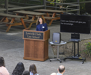 Live captioning debuted during First-Year Orientation with Dean Alicia Ouellette on August 9, 2025.