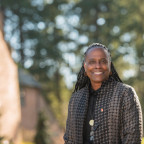 Robin Holmes-Sullivan, president of Lewis & Clark, outside the Frank Manor House