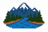 8-bit graphic of a mountain range with a river flowing down.