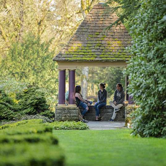 Students hanging out under the pergola.