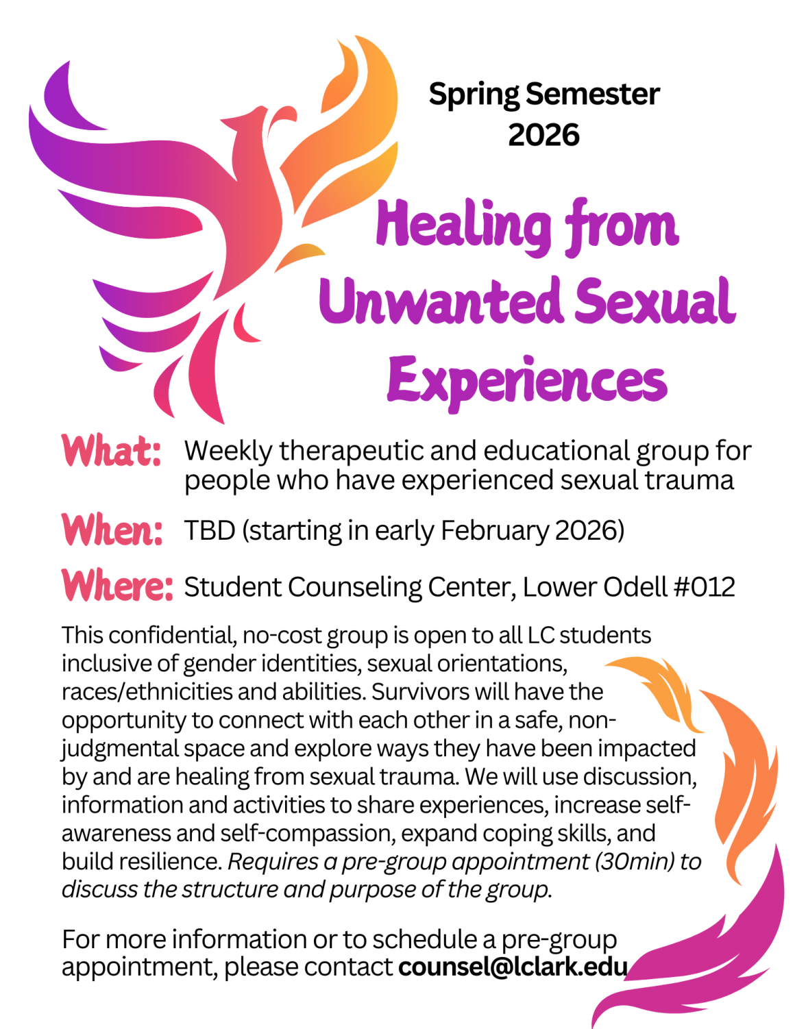 Flyer with white background and purple, orange, and yellow phoenix in the upper left corner and colored feathers in the bottom right corner