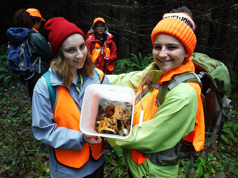 Two people show a bucket of mushrooms they have collected