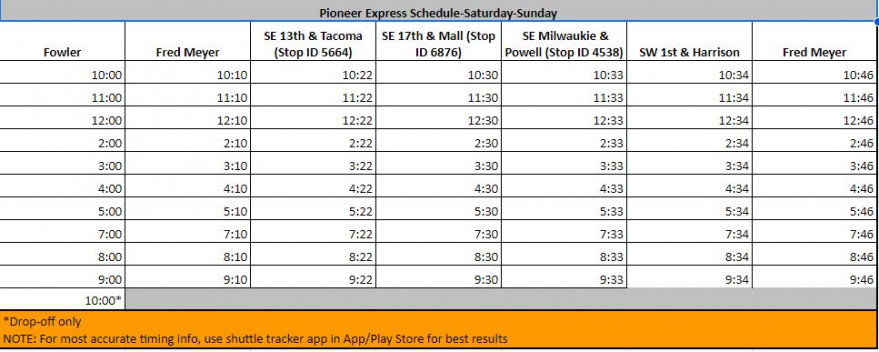 Weekend Pio Express Schedule