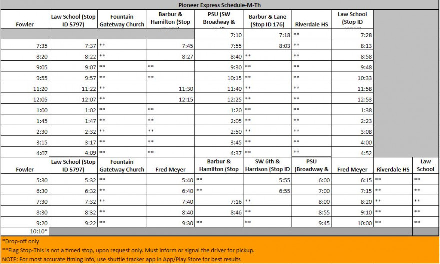 Monday - Thursday Pio Express Schedule