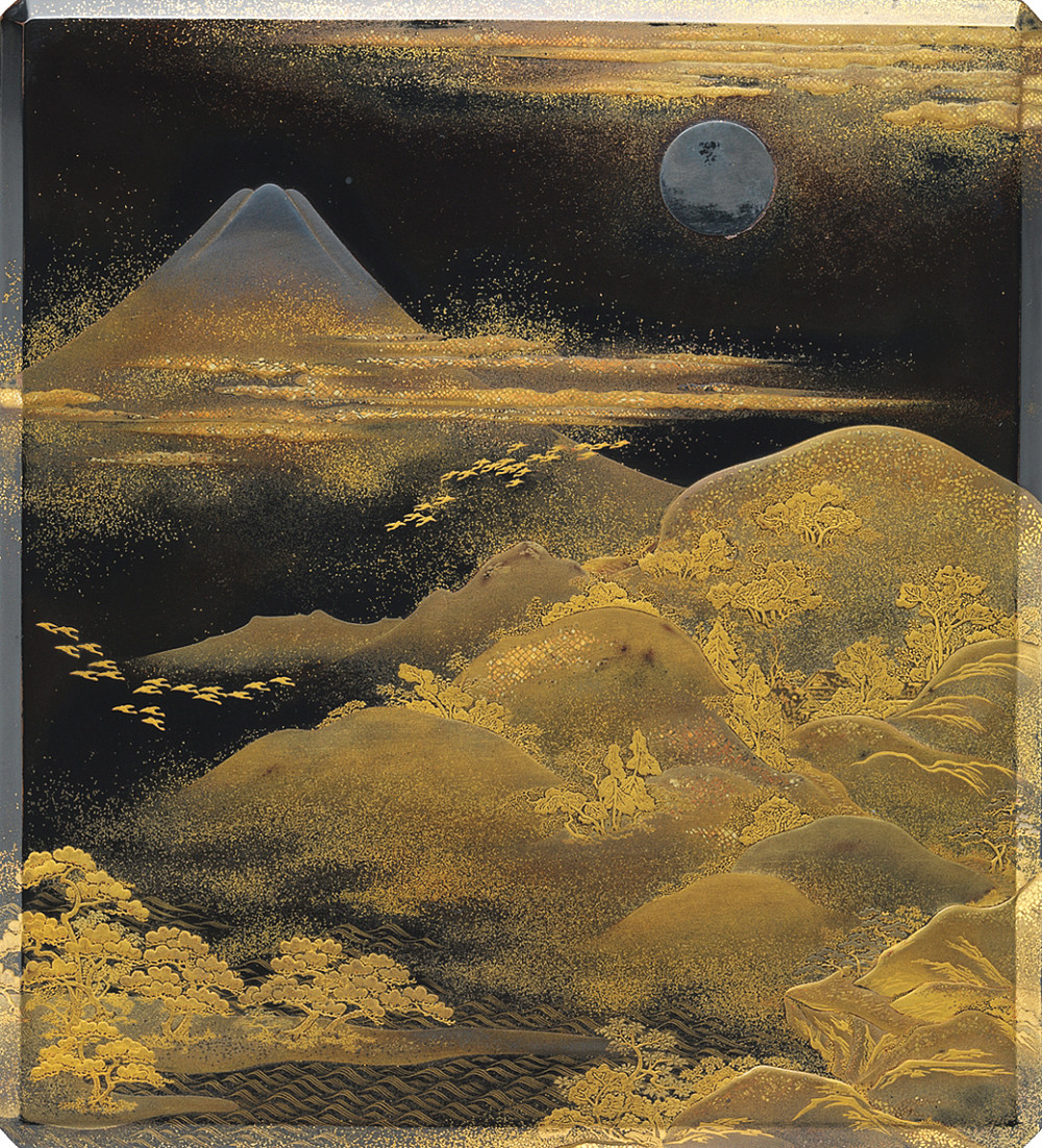 Geese in flight against a moonlit Mount Fuji adorn this elegant lacquer box (suzuribako) for writing implements, created in the early to ...