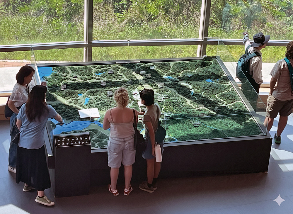 L&C students study a map at the Demilitarized Zone between North and South Korea.