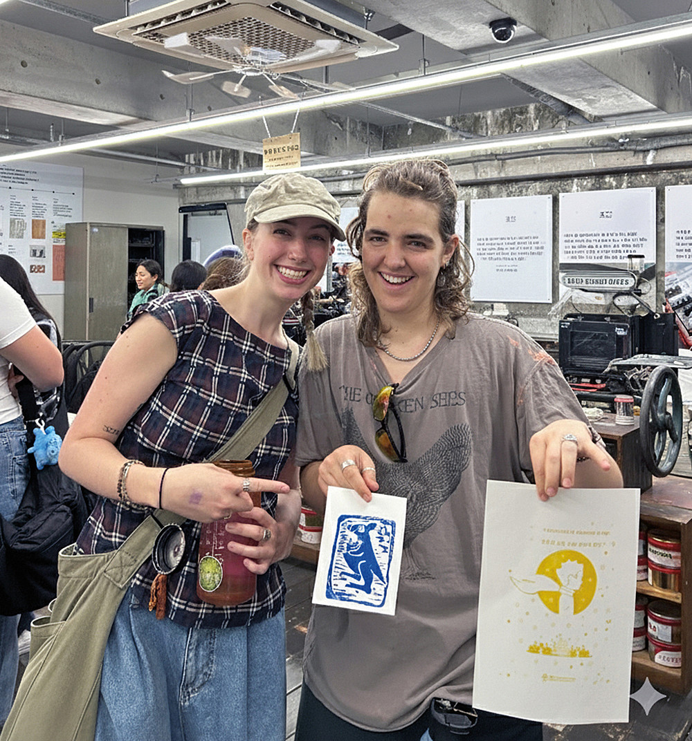 Mattie Harrop BA '26 and Hazel Wilton-Green BA '26 at the Book City Letterpress Museum, Paju, South Korea.