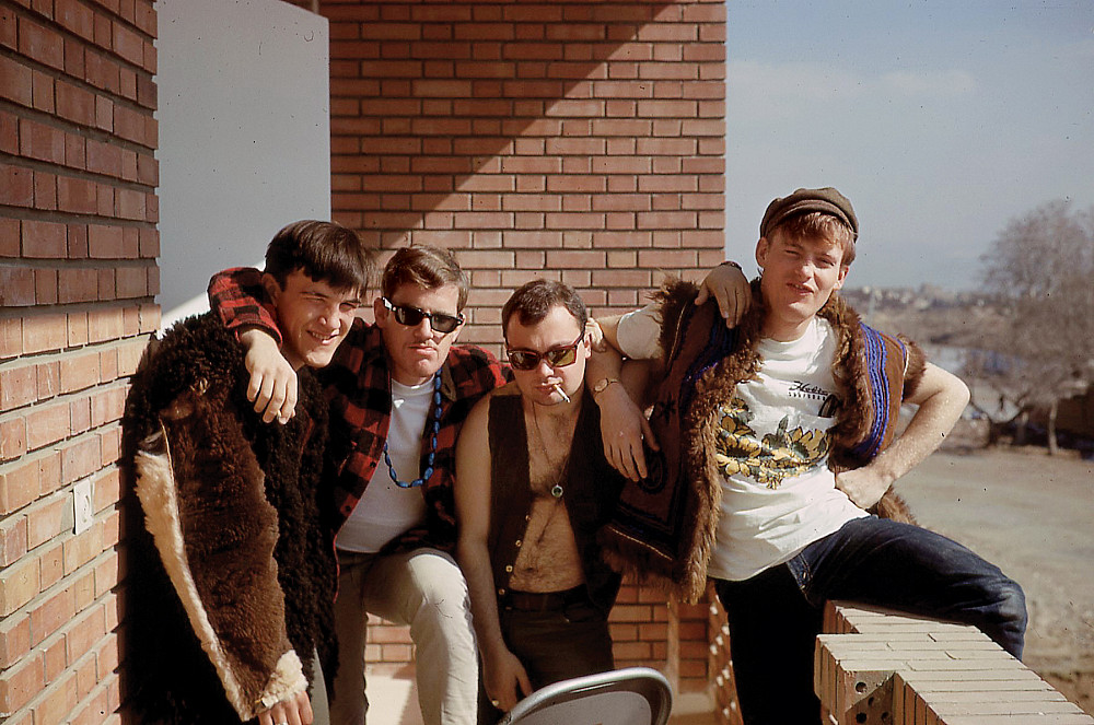 1968: Paul Barker BA '71, MAT '81; Alan Pence '71; Bill Cummings BA '69, JD '78; and Chris Spence '70 model sheepskin coats, or pustin, o...