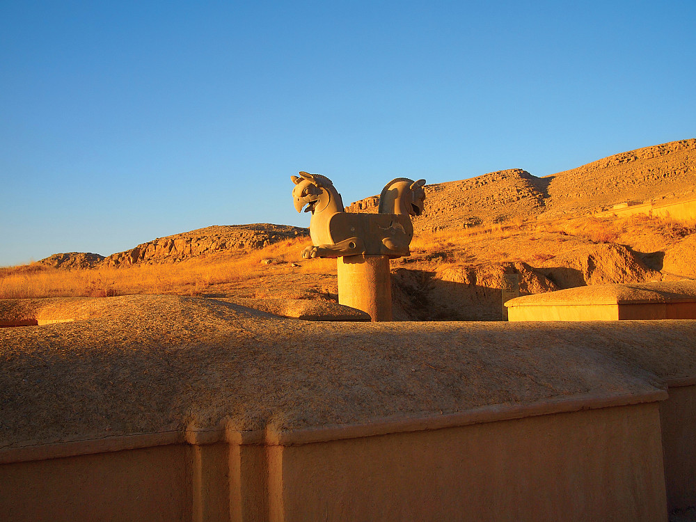 1968: A double griffin protome, which had once topped a pillar in the Apadana Palace, in the ancient Persian capital of Persepolis.