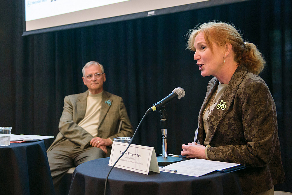 Eileen Wenger Tutt, executive director of the California Electric Transportation Coalition, with Rep. Earl Blumenauer BA '70, JD '76 in t...