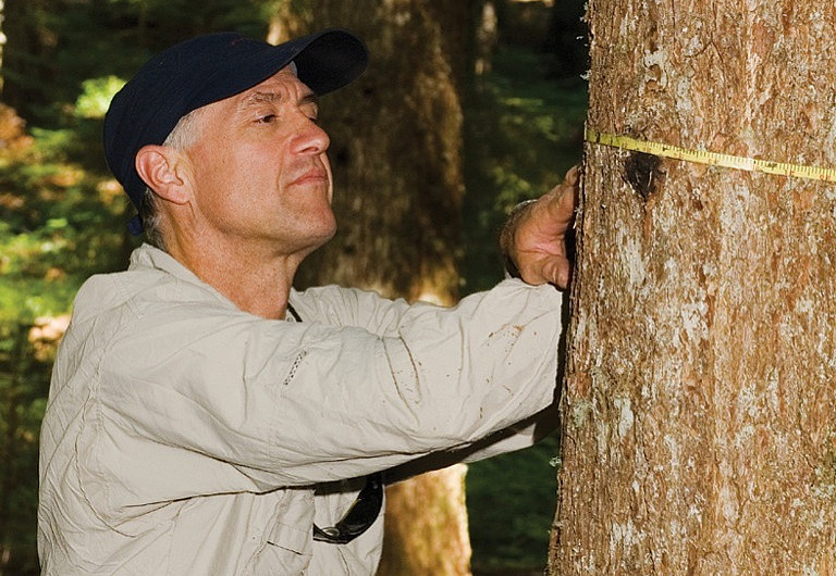Joe Yuska, director of College Outdoors, demonstrates his tree-measuring skill. Yuska has headed the College Outdoors program since 1990.