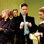 Performing a scene from Tartuffe are (foreground) Hannah Stafford '07, Heather Morowitz '09, and Claire Rogers '09, with (background) May...