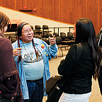 Ed Edmo, storyteller, poet, playwright, and consultant to the Smithsonian on Native American culture, talks with students at the second a...