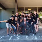President Barry Glassner (center)--along with Copeland's resident advisor staff and area director--greeted new students during move-in da...