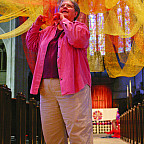 Chinn installing her work at Grace Cathedral.