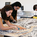 Iris Riedel BA '19, Tammy Jo Wilson, visual arts and technology program manager, and Matt Johnston, associate professor of art history, c...