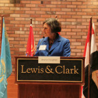 Jessica Vaughan (at podium) fields questions from moderator Heather Smith-Cannoy, associate professor  and chair of international affairs...
