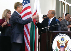 Niels, with wife Judi at his side, offers a formal toast on July 4, 2008, U.S. Independence Day, ...