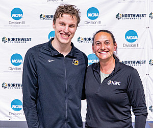 Ezra Billings and NWC Men's Swimming Coach of the Year Caitlin DeNise.