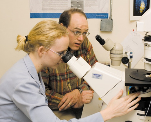 Beverley Rabbitts '06 microinjects a worm to alter its gene expression while Greg Hermann, assistant professor of biology, looks on.
