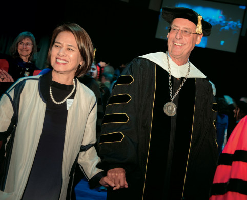 President Wim Wiewel and wife Alice depart the inauguration ceremony amid cheers from well-wishers.
