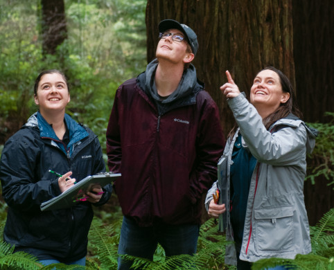 Assistant Professor of Biology Margaret Metz (center), Emily Schmelling BA '20, and Masten Summerfield BA '20 at the Hoyt Arboretum in Po...