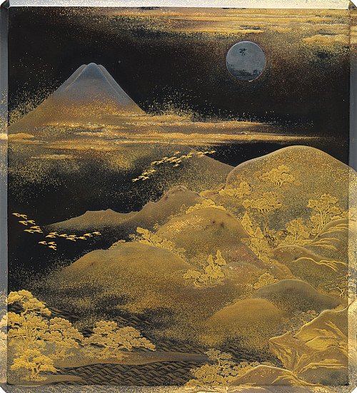 Geese in flight against a moonlit Mount Fuji adorn this elegant lacquer box (suzuribako) for writing implements, created in the early to ...