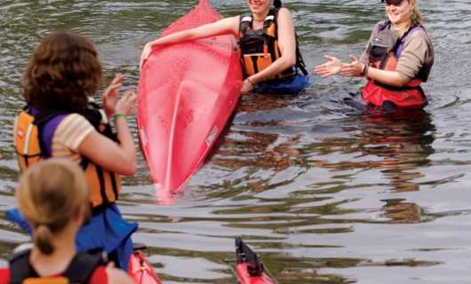 Clockwise, from lower left: Jamie Tanner '10, Kirby Gnerre '10, Rachael Skinner-Green '10, and Kate Stirr '06, trip leader, practice self...