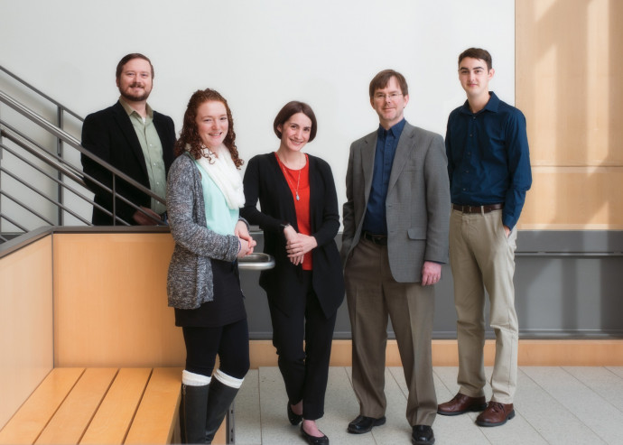 From left: Assistant Professor Ben Gaskins, Katie Kowal BA '17,  Assistant Professor Ellen Seljan, Associate Professor Todd Lochner, and ...