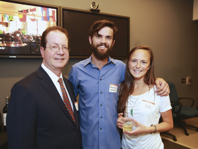 President Barry Glassner with Herman Watson BA '07 and Rhodes Scholar Tamma Carleton BA '09.