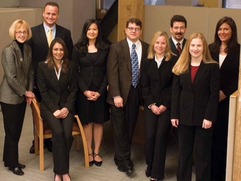 On site at the clinic (from left): Lisa LeSage, associate dean and director of business law programs and the clinic's executive director;...
