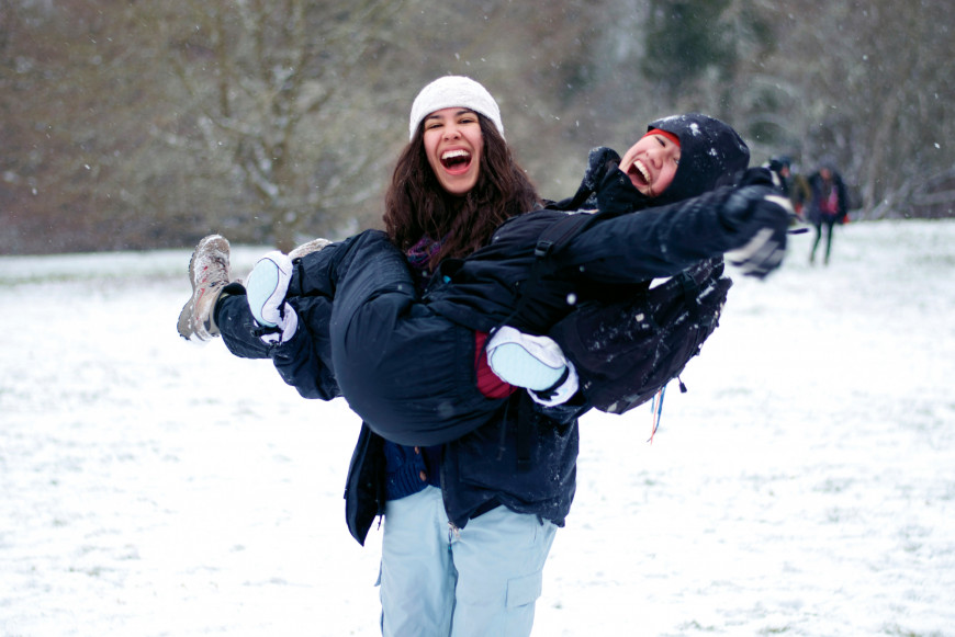 Students in the snow at the graduate school.