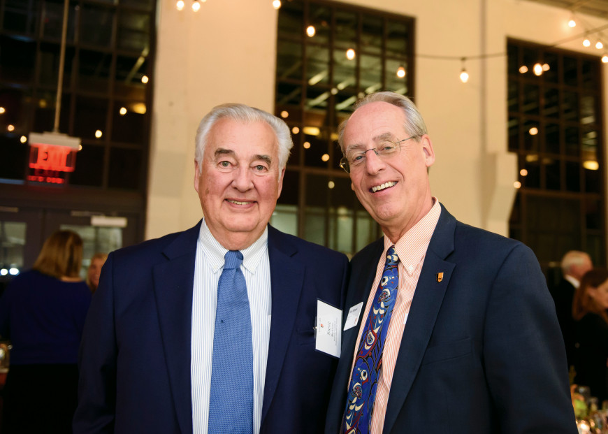 Stephen Dow Beckham, Pamplin Professor Emeritus of History, with President Wiewel.