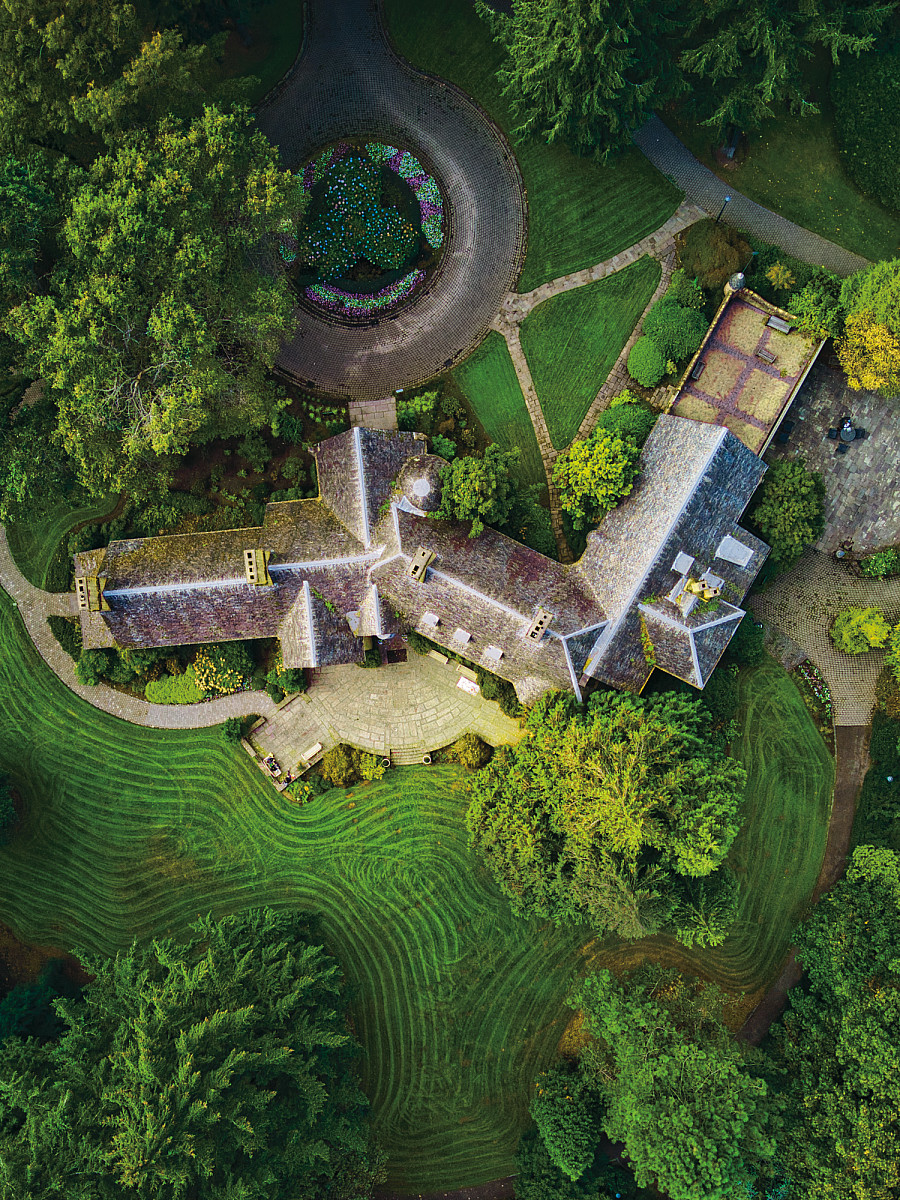 An aerial view of the Frank Manor House, which is on the National Register of Historic Places and was part of the original Fir Acres estate.