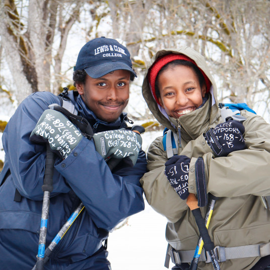 Lewis & Clark students in the snow during a College Outdoors trip.
