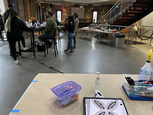 Greeters at the BLM Art Event at The Armory in Portland, Oregon on April 7, 2021.