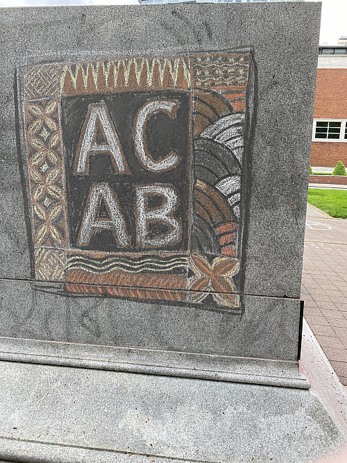 LC Art for Social Change members Mary Andrus, Liv Siulagi, Lawrence Siulagi and Beth Ann Short draw with colored chalk at Shemanski Park ...