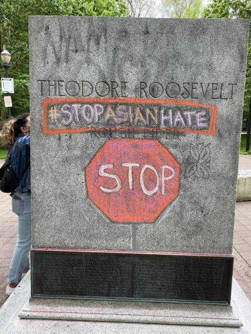 LC Art for Social Change members Mary Andrus, Liv Siulagi, Lawrence Siulagi and Beth Ann Short draw with colored chalk at Shemanski Park ...