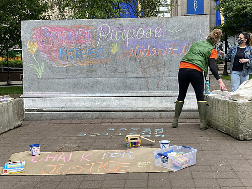 LC Art for Social Change members Mary Andrus, and Liv Siulagi draw with colored chalk at Shemanski Park in downtown Portland, Oregon on M...