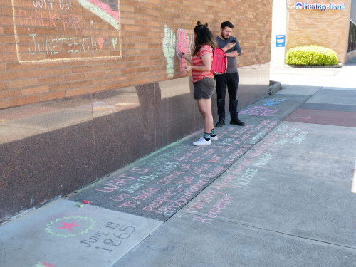 Chalk for Juneteenth event at Bag&Baggage Production's The Vault Theatre, Hillsboro, Oregon, on June 19, 2021.