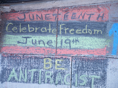 Chalk for Juneteenth event at Bag&Baggage Production's The Vault Theatre, Hillsboro, Oregon, on June 19, 2021.