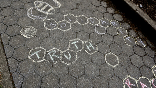 LC Art for Social Change members Mary Andrus, Liv Siulagi, Lawrence Siulagi and Beth Ann Short draw with colored chalk at Shemanski Park ...