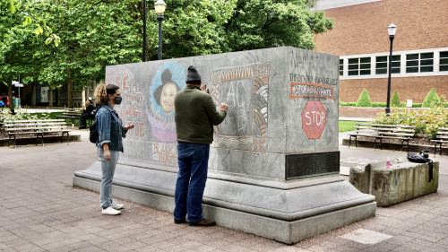 LC Art for Social Change members Mary Andrus, Liv Siulagi, Lawrence Siulagi and Beth Ann Short draw with colored chalk at Shemanski Park ...