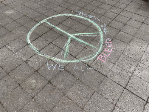 LC Art for Social Change members Mary Andrus, Liv Siulagi, Lawrence Siulagi and Beth Ann Short draw with colored chalk at Shemanski Park ...