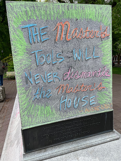 LC Art for Social Change members Mary Andrus, Liv Siulagi, Lawrence Siulagi and Beth Ann Short draw with colored chalk at Shemanski Park ...