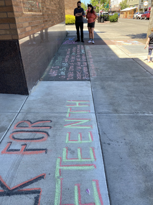 Chalk for Juneteenth event at Bag&Baggage Production's The Vault Theatre, Hillsboro, Oregon, on June 19, 2021.