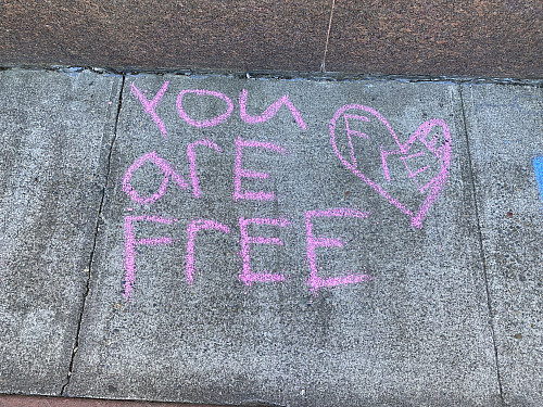 Chalk for Juneteenth event at Bag&Baggage Production's The Vault Theatre, Hillsboro, Oregon, on June 19, 2021.