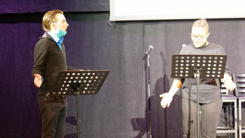 Phillip J. Berns (left) and Janelle Rae perform in The Pageant.