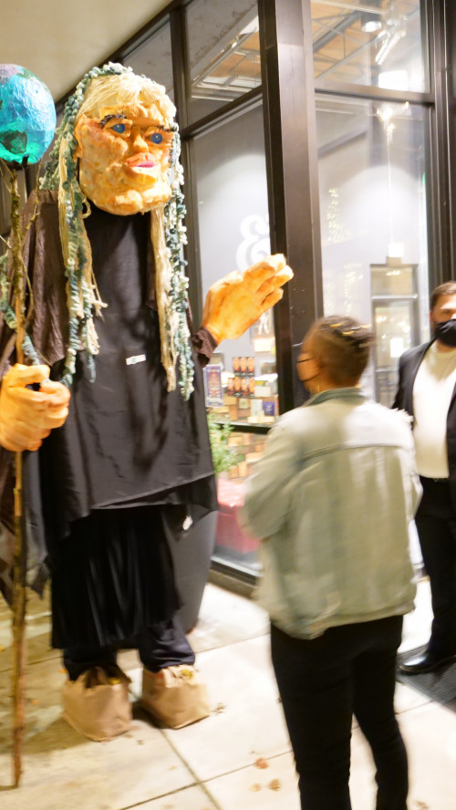 Mary Andrus (in Mother Earth costume), co-chair of Art for Social Change and cast members Janelle Rae and Peter Schuyler.