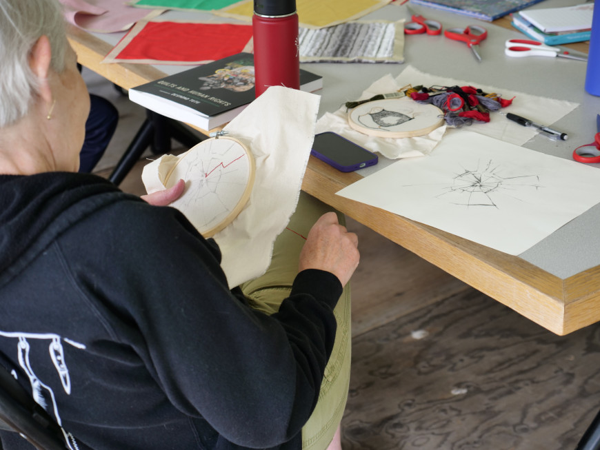 Our first Quilt for Change event happened on August 6, 2021 in a tent by York at the Graduate School at Lewis & Clark College.